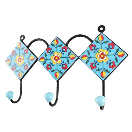 Turquoise Floral Ceramic Tile Hook